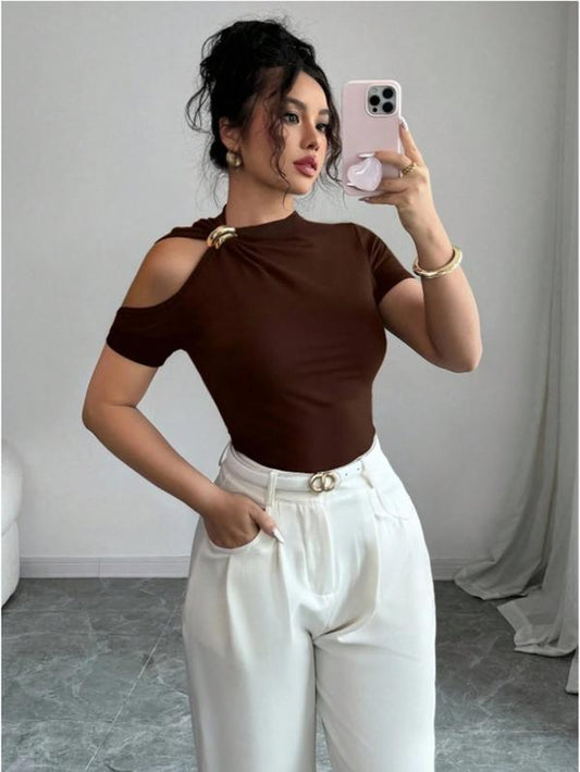 Women'S Short-Sleeved Metal Decorative Hollow Solid Color Fashion T-Shirt
